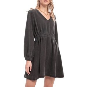Missguided NTW Dark Washed Denim Skater Dress Balloon Sleeves V-Neck US 10